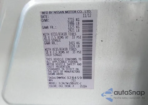 2013 Infiniti Jx35 z USA, uszkodzony, nr VIN 5N1AL0MM9DC328459